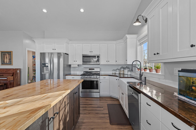 75 North 100th Street West Fillmore, UT 84631 - Photo 5 of 62 Kitchen featuring appliances with stainless steel finishes, white cabinetry, butcher block countertops, dark wood-type flooring, and recessed lighting