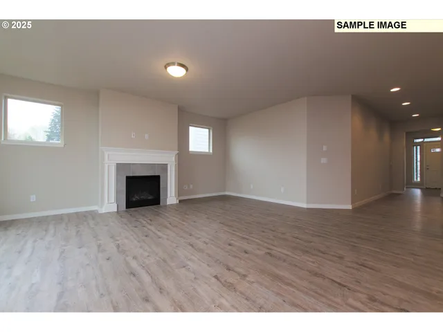 a view of empty room with wooden floor and fireplace