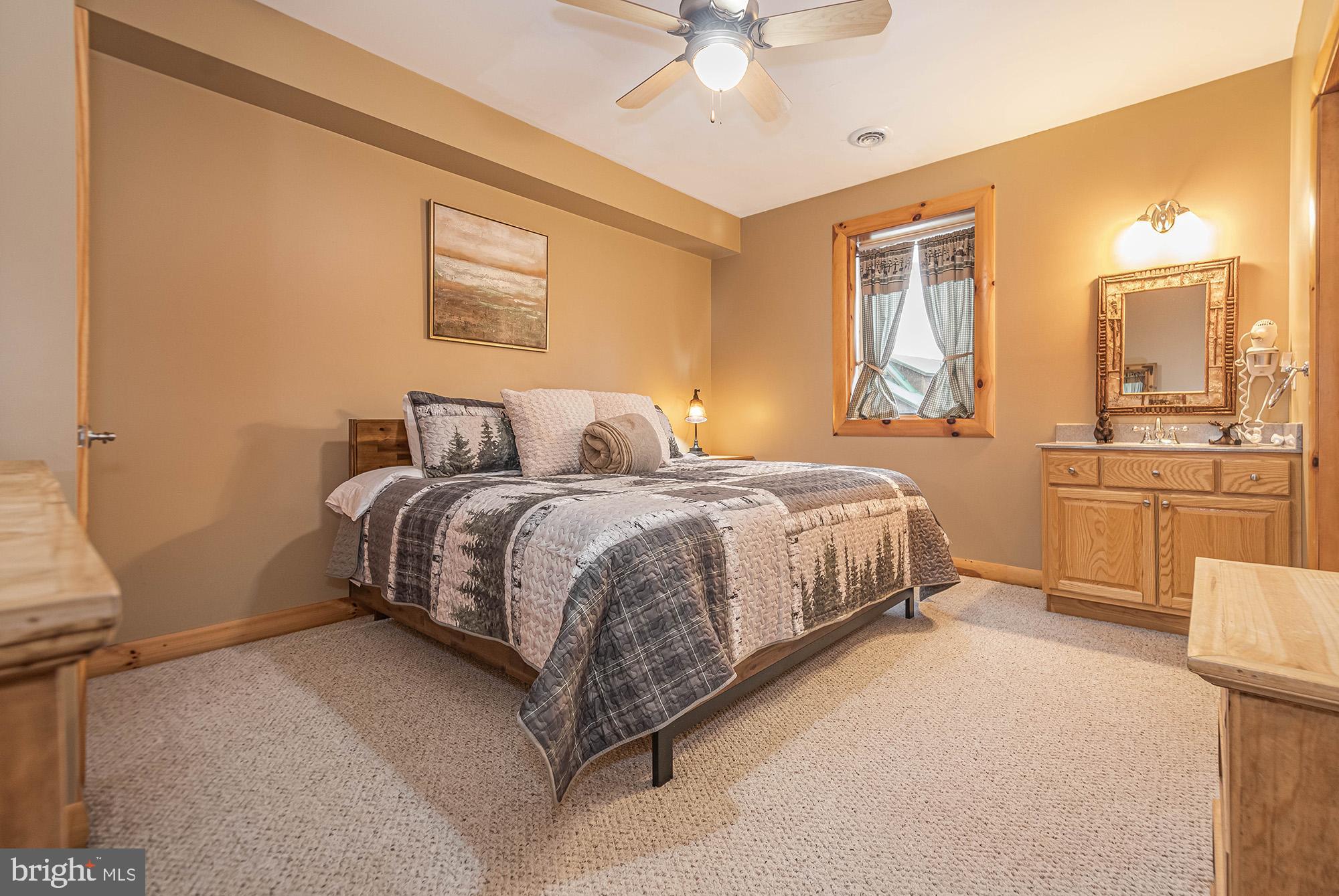 642 Deep Creek Highlands Road McHenry, MD 21541 - Photo 29 of 59 a bedroom with a large bed and a chandelier