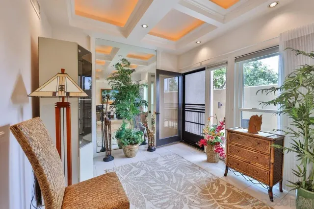a living room with furniture and a potted plant