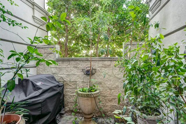 a view of a backyard with chair and potted plants