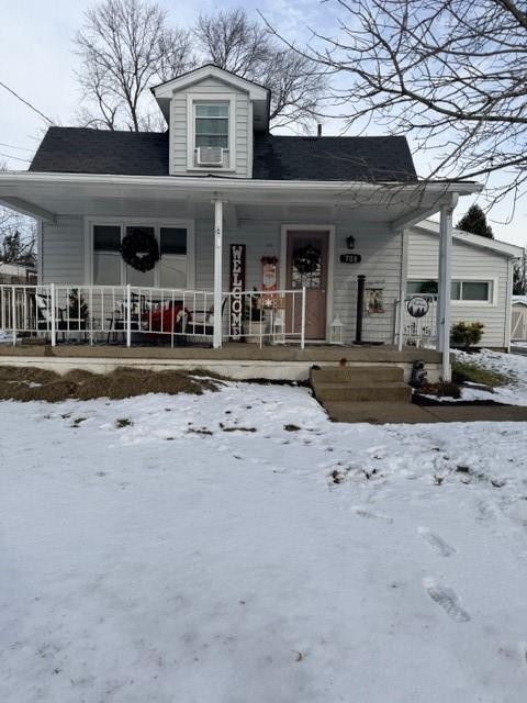 front view of a house with a patio
