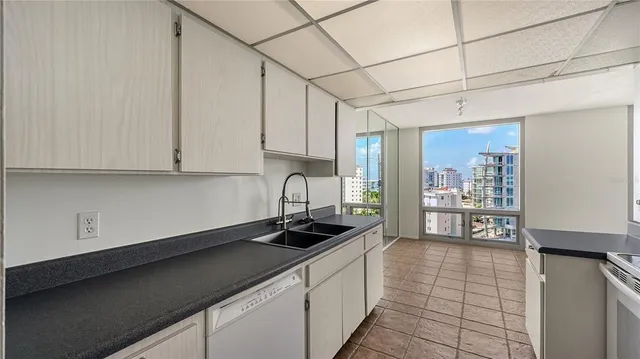 a kitchen with a sink and cabinets