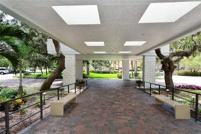 an outdoor space with chairs