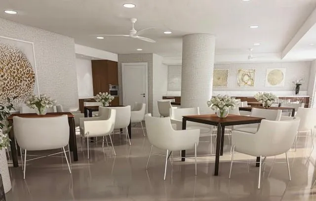 a view of a dining room with furniture