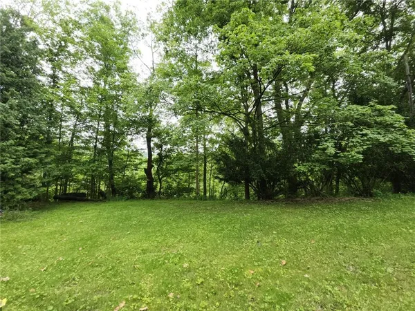 a view of a green field with trees in the background