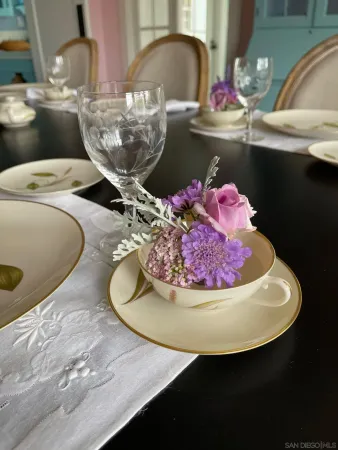 a view of a dining table with chairs