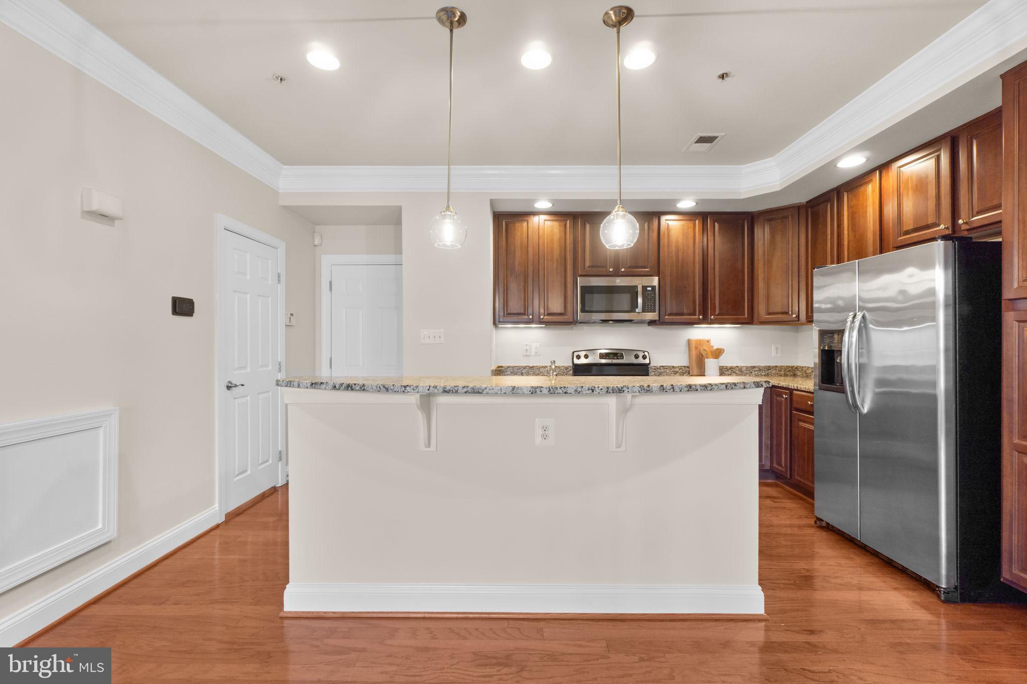3624 Spring Hollow Lane Frederick, MD 21704 - Photo 10 of 46 a kitchen with kitchen island a counter top a refrigerator cabinets and a wooden floor