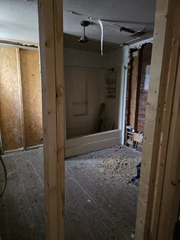 a bathroom with a shower and a sink