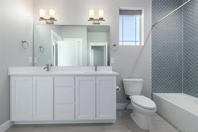 a bathroom with a toilet a sink a mirror a bathtub and vanity