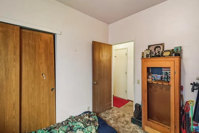 a bedroom with a bed and a closet