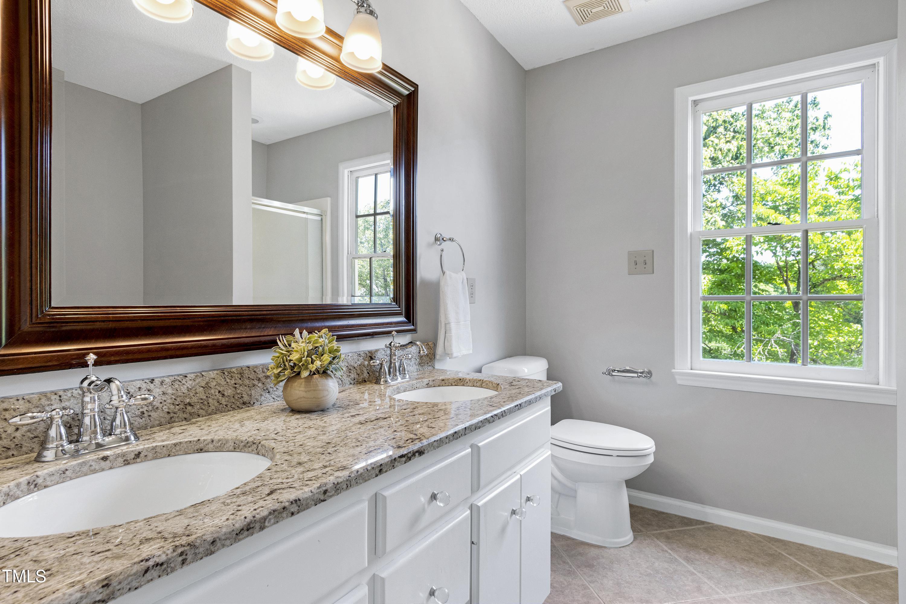 300 Silvercliff Trail Cary, NC 27513 - Photo 13 of 27 a bathroom with a granite countertop toilet a sink and a mirror
