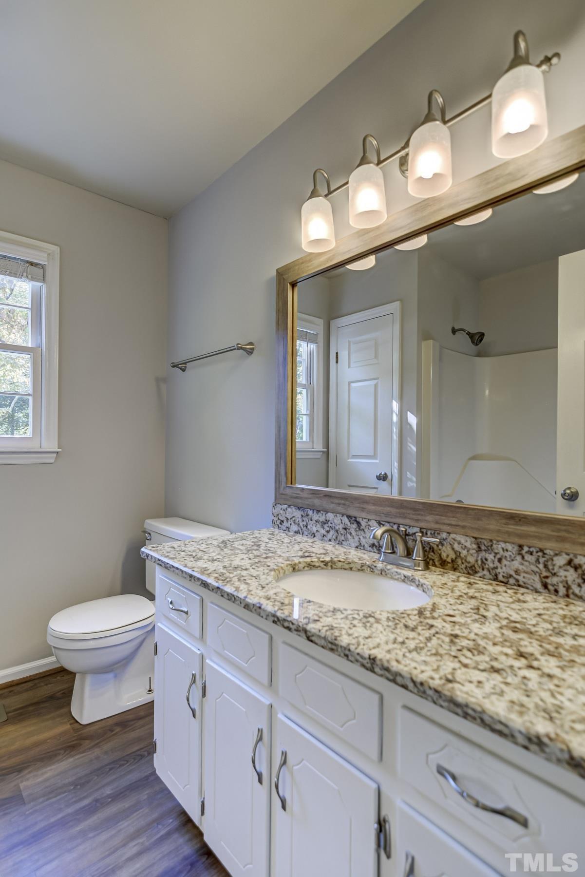 7400 Old Hundred Road Raleigh, NC 27613 - Photo 13 of 17 a bathroom with a granite countertop sink a toilet and a mirror