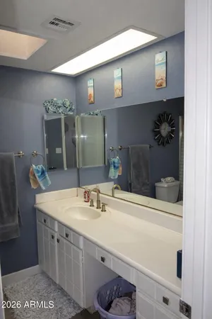 a bathroom with a sink and a mirror