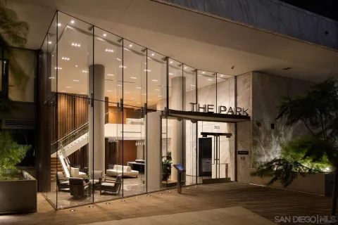 a building exterior with furniture