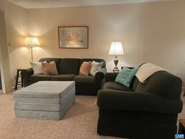 a living room with furniture and a lamp