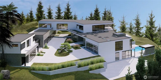 an aerial view of a house with garden space and street view