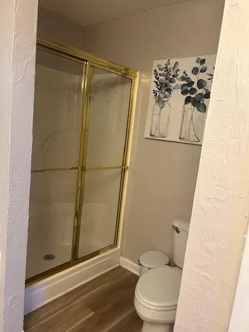 a bathroom with a toilet and a shower curtain