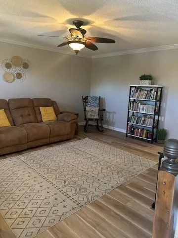 a living room with furniture and a rug