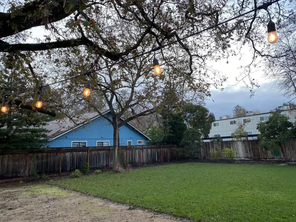 a backyard of a house with lots of plants and tree with wooden fence