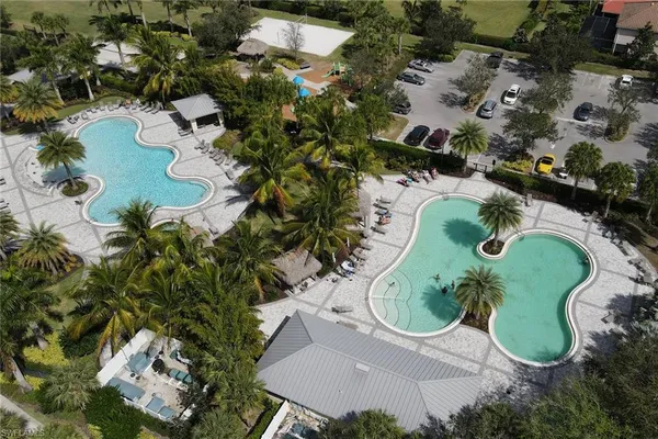 an aerial view of a swimming pool