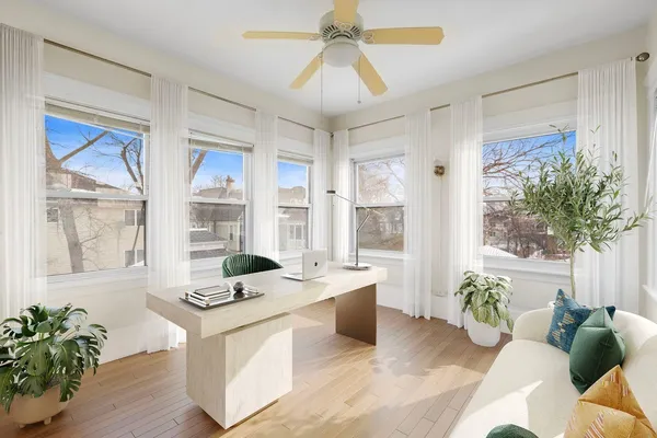 a living room with furniture and a potted plant