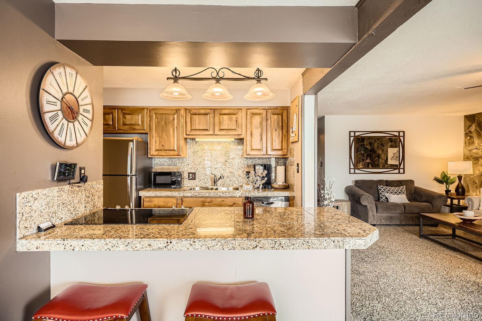 120 E Lane, Unit 109 Dillon, CO 80435 - Photo 13 of 39 a kitchen with stainless steel appliances granite countertop a sink and a refrigerator