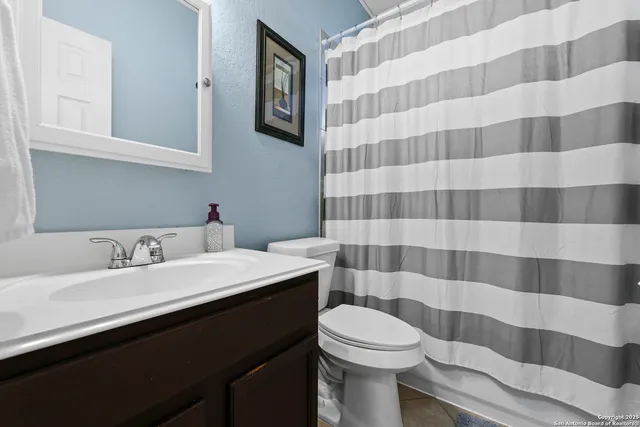 a bathroom with a sink a toilet a mirror and shower curtain