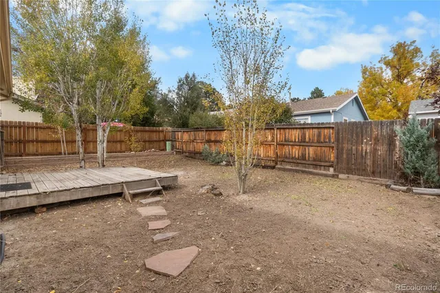 a view of a backyard with a tree