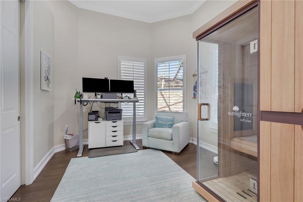 5074 Rustic Oaks Circle Naples, FL 34105 - Photo 15 of 38 Home office with a sauna, dark wood-type flooring, and ornamental molding