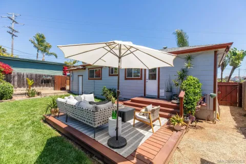 a view of a house with swimming pool and sitting area