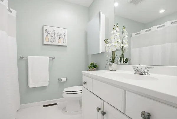 a bathroom with a sink a toilet and mirror