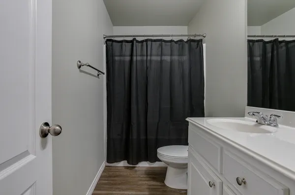 a bathroom with a sink a toilet a mirror and shower curtain