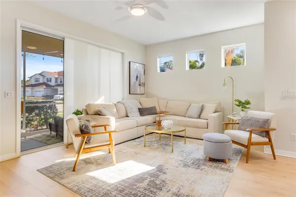 a living room with furniture and a potted plant