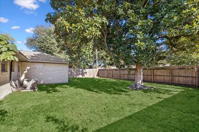 a view of a backyard with potted plants and large tree