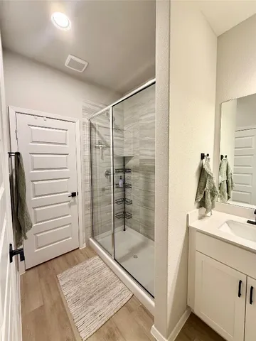 a bathroom with a shower sink and mirror
