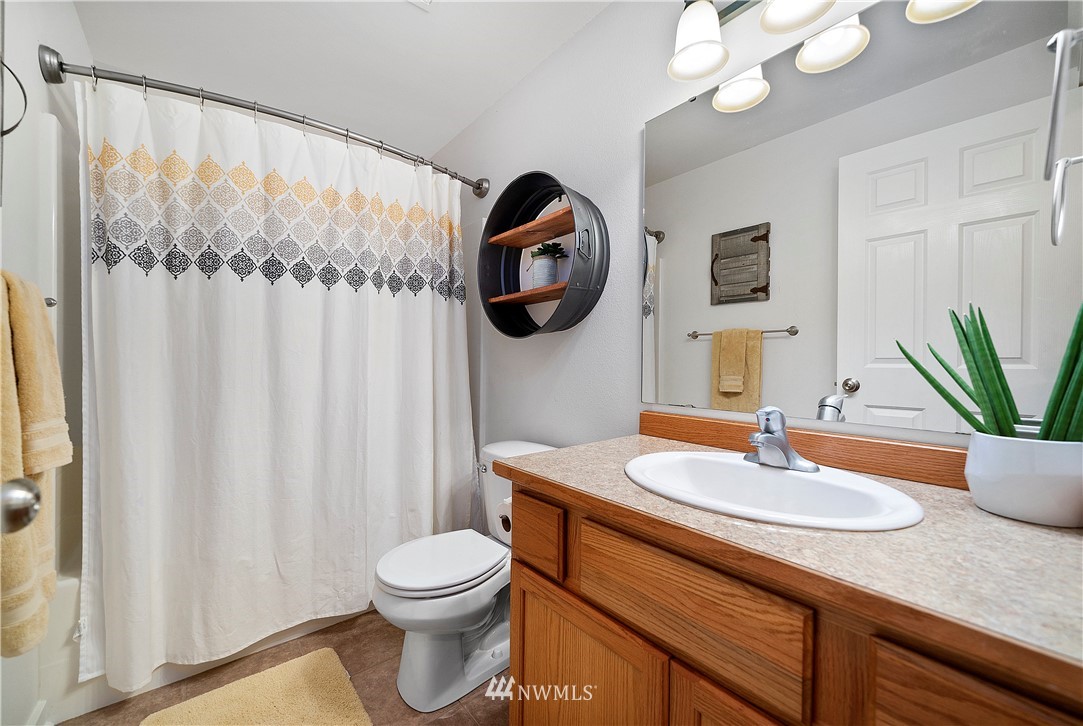 14817 South Tilley Road Tenino, WA 98589 - Photo 22 of 38 a bathroom with a sink a toilet and shower curtain