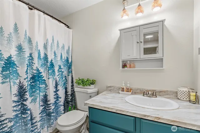 a bathroom with a granite countertop sink a toilet and a mirror