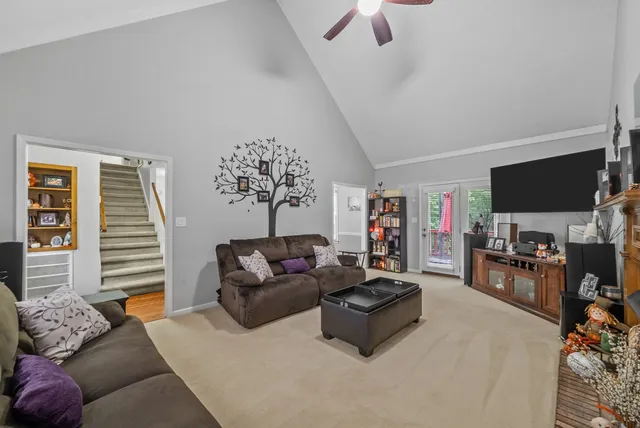 a living room with furniture and a fireplace