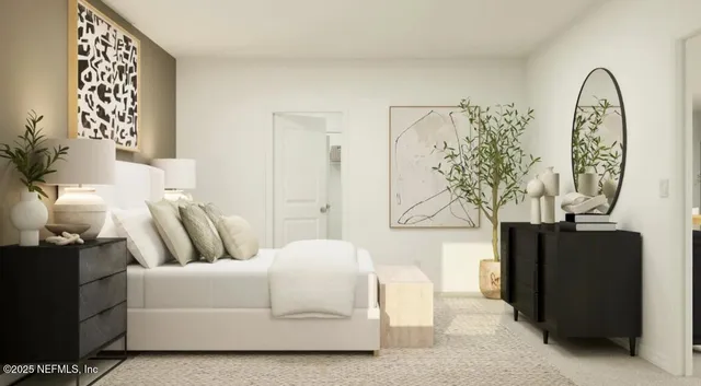 a living room with furniture and a large mirror