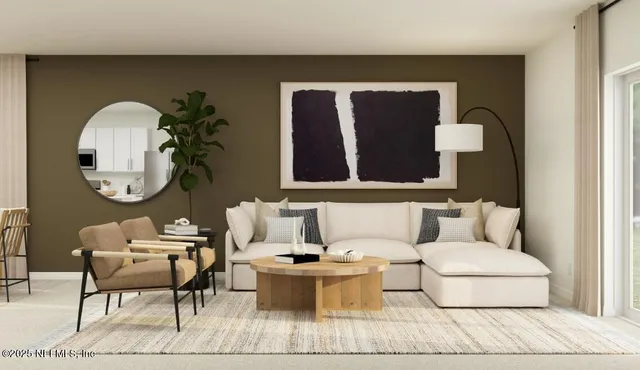 a living room with furniture a mirror and a potted plant