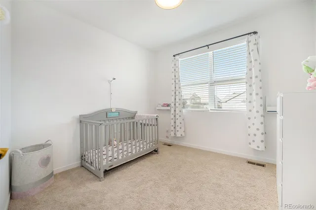 a view of a bedroom with furniture and windows