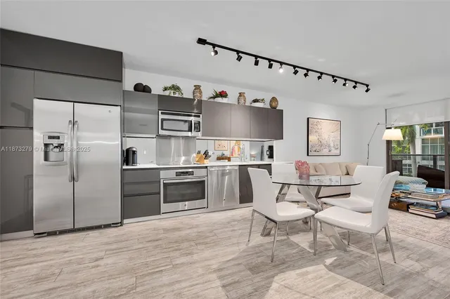 a kitchen with stainless steel appliances a refrigerator and a stove top oven