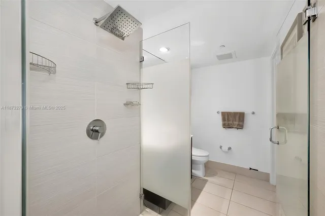 a bathroom with a shower and a toilet