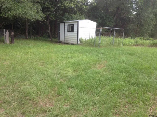 a backyard of a house with plants and large tree