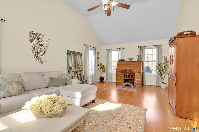 a living room with furniture and a fireplace