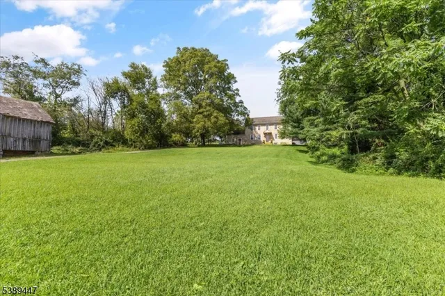 a view of a grassy field with trees in the background