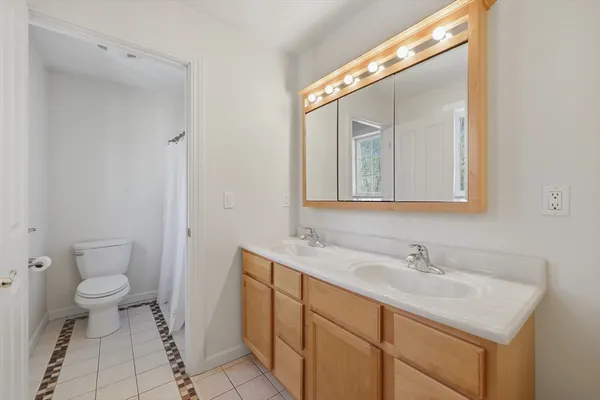 a bathroom with a sink toilet and mirror