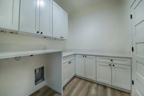 a storage room with cabinets