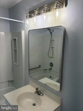 a bathroom with a sink a shower and a mirror